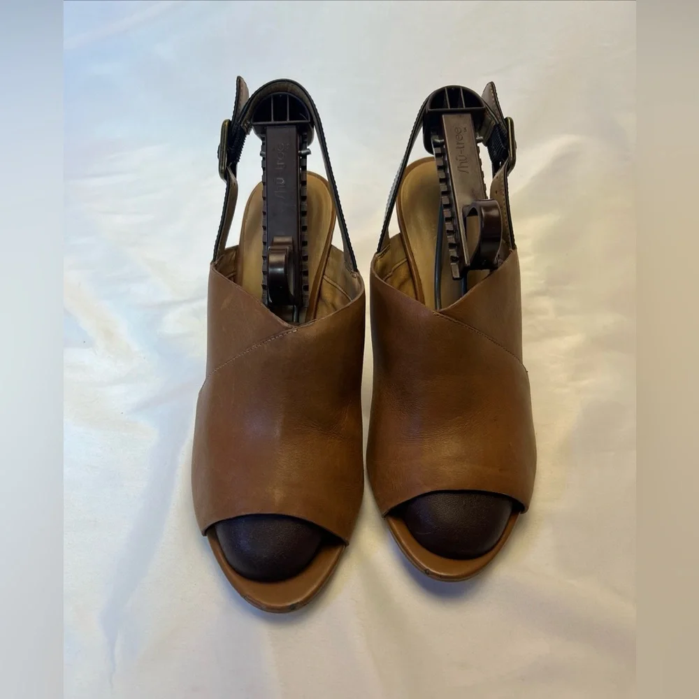 Franco Sarto Heels Women 9.5 M Quatrain Brown Leather Peep Toe Black Slingback - Picture 7 of 9